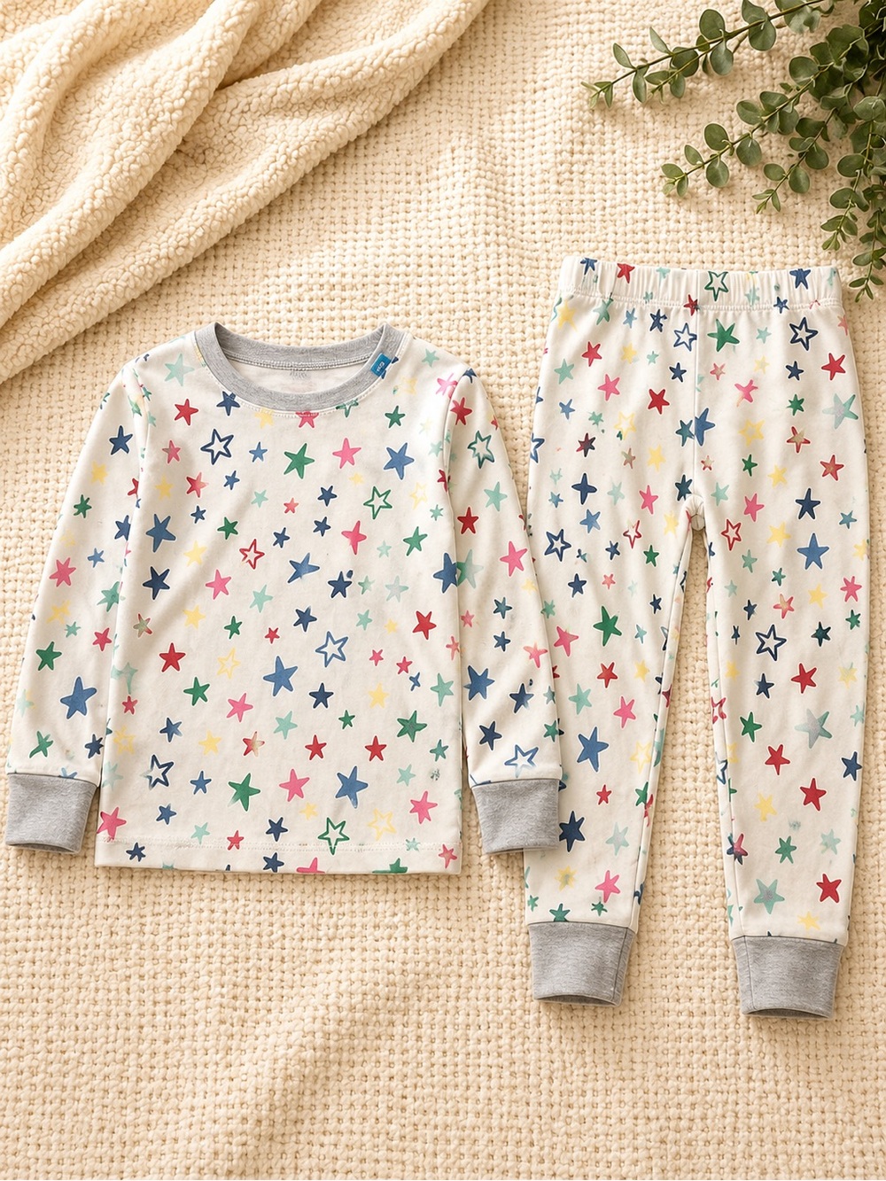 Unbranded Kids Cream Star-Print Pajama Set with Gray Trim